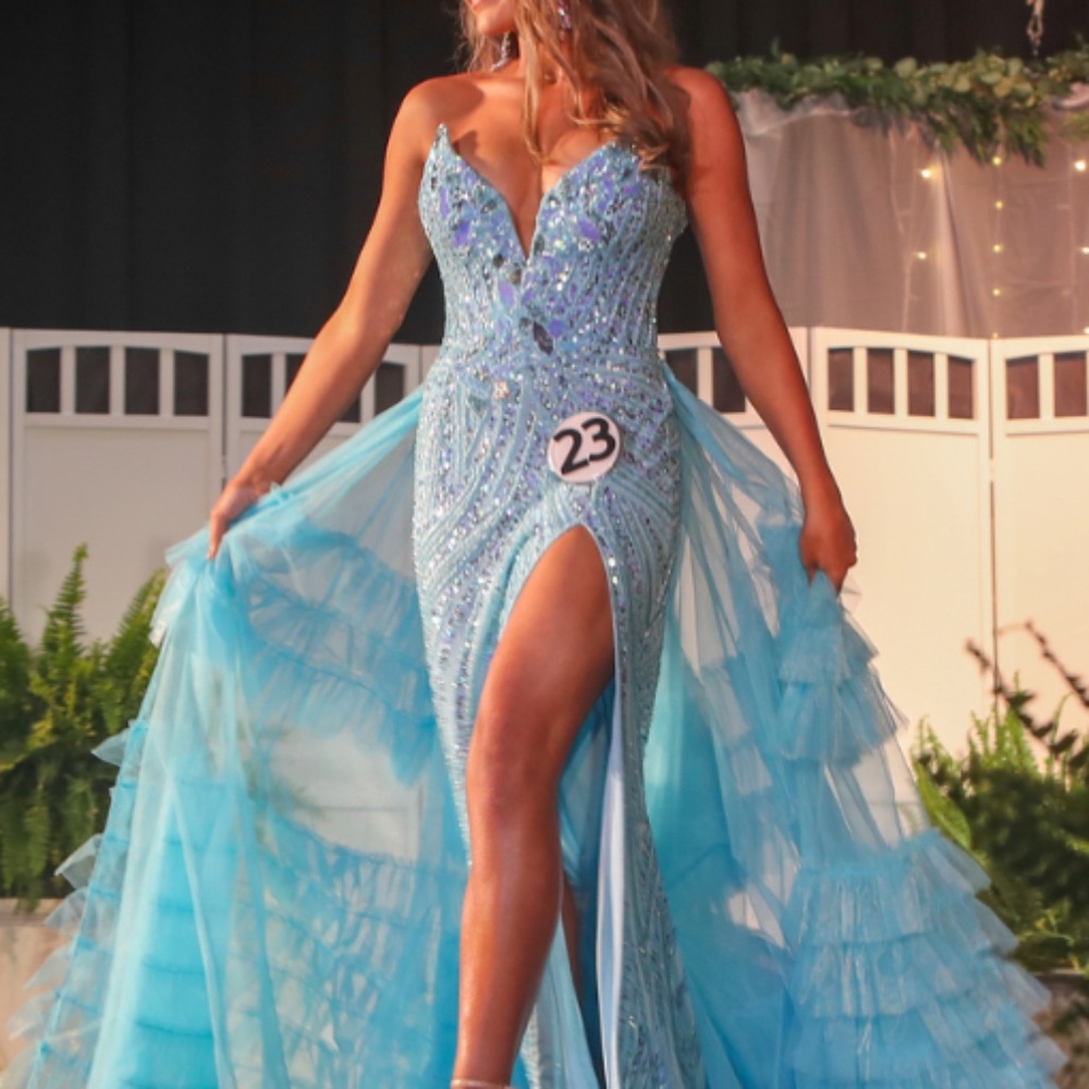 Light Blue Beaded Sweetheart Prom Gown with High Slit